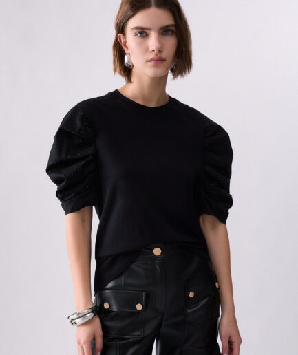 T-SHIRT BIMATERIALE CON MANICHE ARRICCIATE