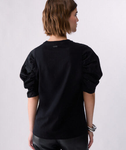 T-SHIRT BIMATERIALE CON MANICHE ARRICCIATE